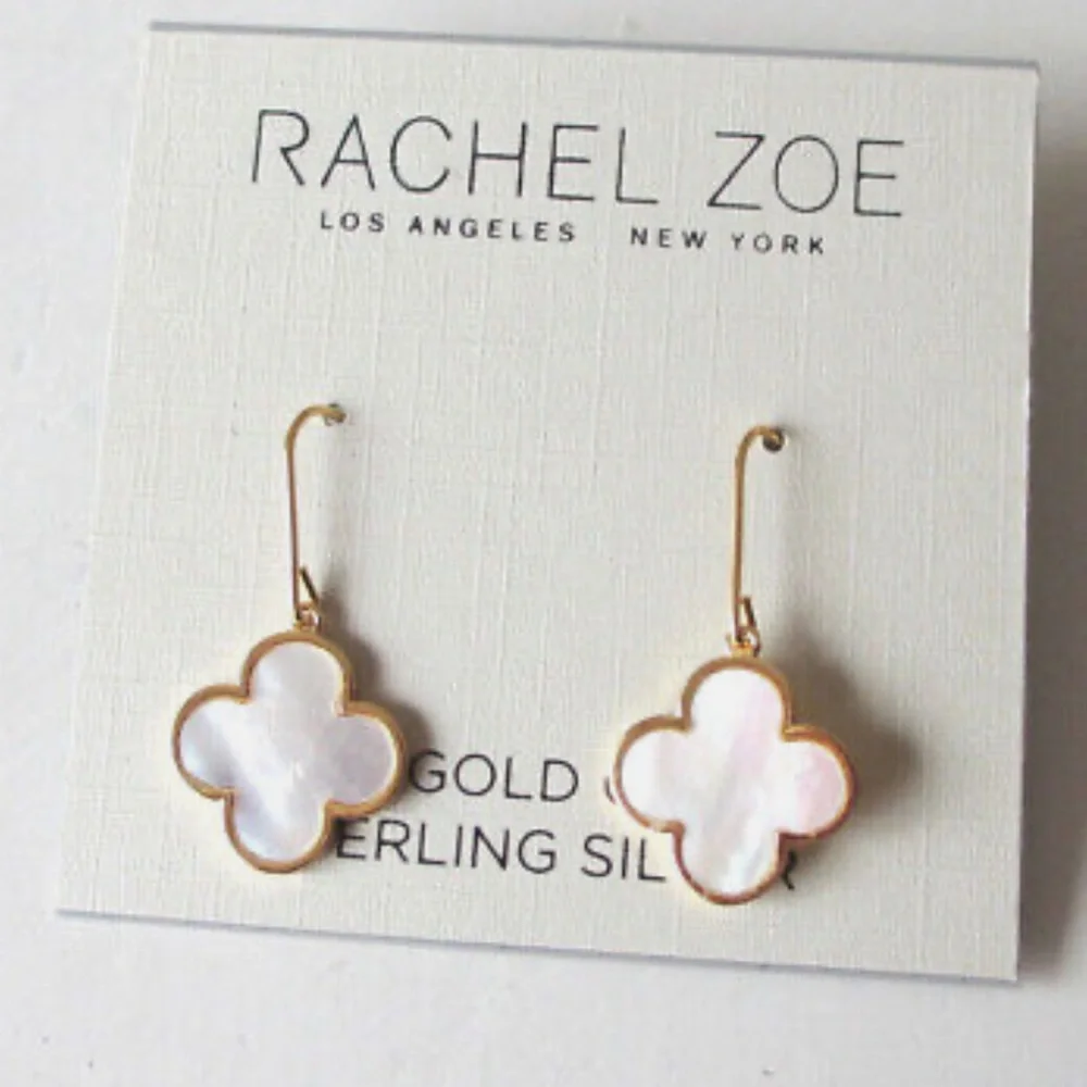 Rachel Zoe | 18K Gold/Sterling Silver Mother Of Pearl Clover Drop Earrings NEW - Picture 1 of 3